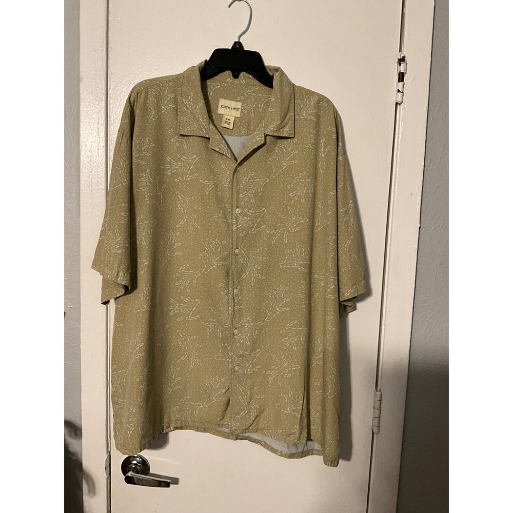 Joseph & Feiss Mens XXL Silk Tropical CampShirt Tan White Short Sleeve Button Up